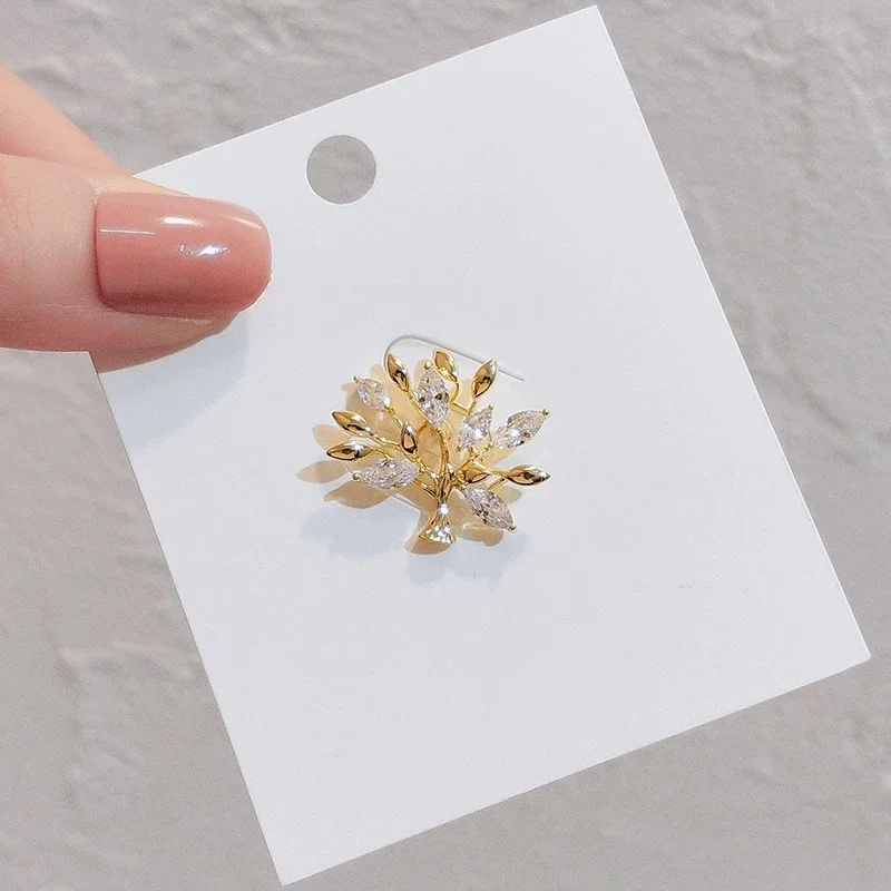 Korean Fashion  Exquisite Inlaid Zircon Leaf Tree of Life Brooches for Women Wedding Party Brooch image 6