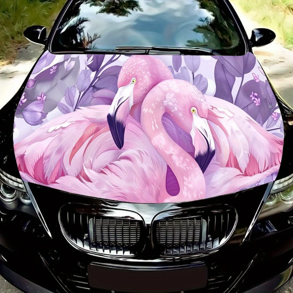 Pink Flamingo Car Hood Sticker PVC Self Waterproof Stick, Striking Auto Exterior Accessories Decor Protect Gift for Car Lover