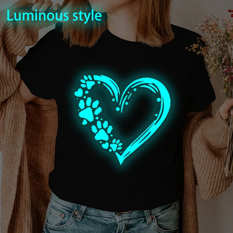 

Women's Paw Heart Print T-shirts Fashionable Luminous Style Animal Dog Or Cat Paw Pattern Shirts Round Neck Casual Man Tshirts