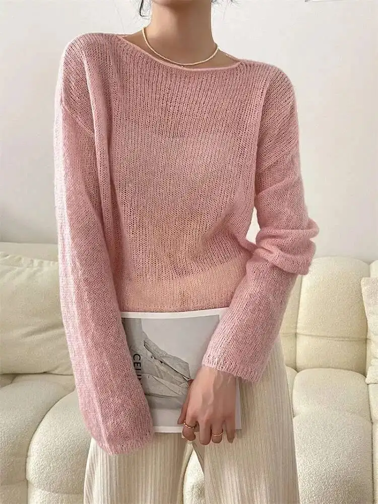 Mesh Sheer Thin Knitted Sweater Women Long Sleeves Solid Color Transparent Pullover Female Fashion Top 2026 Spring Winter P7SE