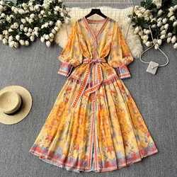 2024 Elegant Vintage Women V Neck Flower Print Chiffon Maxi Dress Boho Summer Single Breasted Lantern Sleeve Belt Holiday Robe