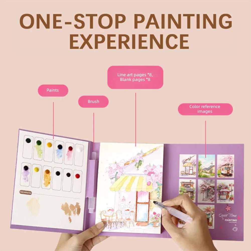 

В комплект входит книга для акварельной живописи с пигментом, портативный набор для акварельной живописи с красками, акварельная раскраска своими руками