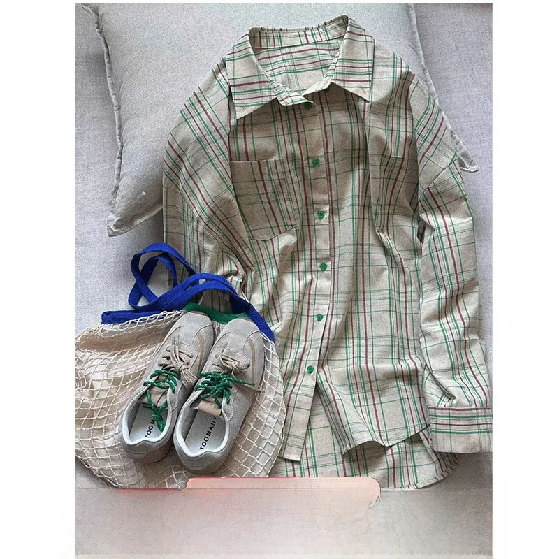 

JINGU Vintage Contrast Color Plaid Single Button Loose irt Casual Sle Long Sve Collar Regular Fit Women's irt