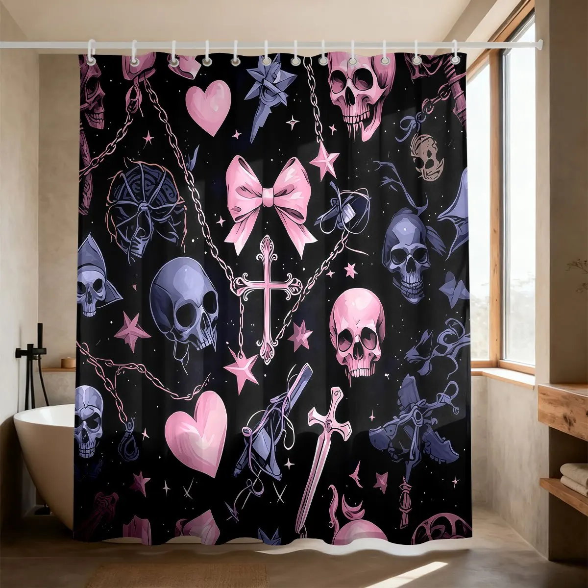 Cute Goth Style Pink Purple Skulls Bows Hearts Cross Sword Star On Black Background Pattern Bath curtain Cozy Plush