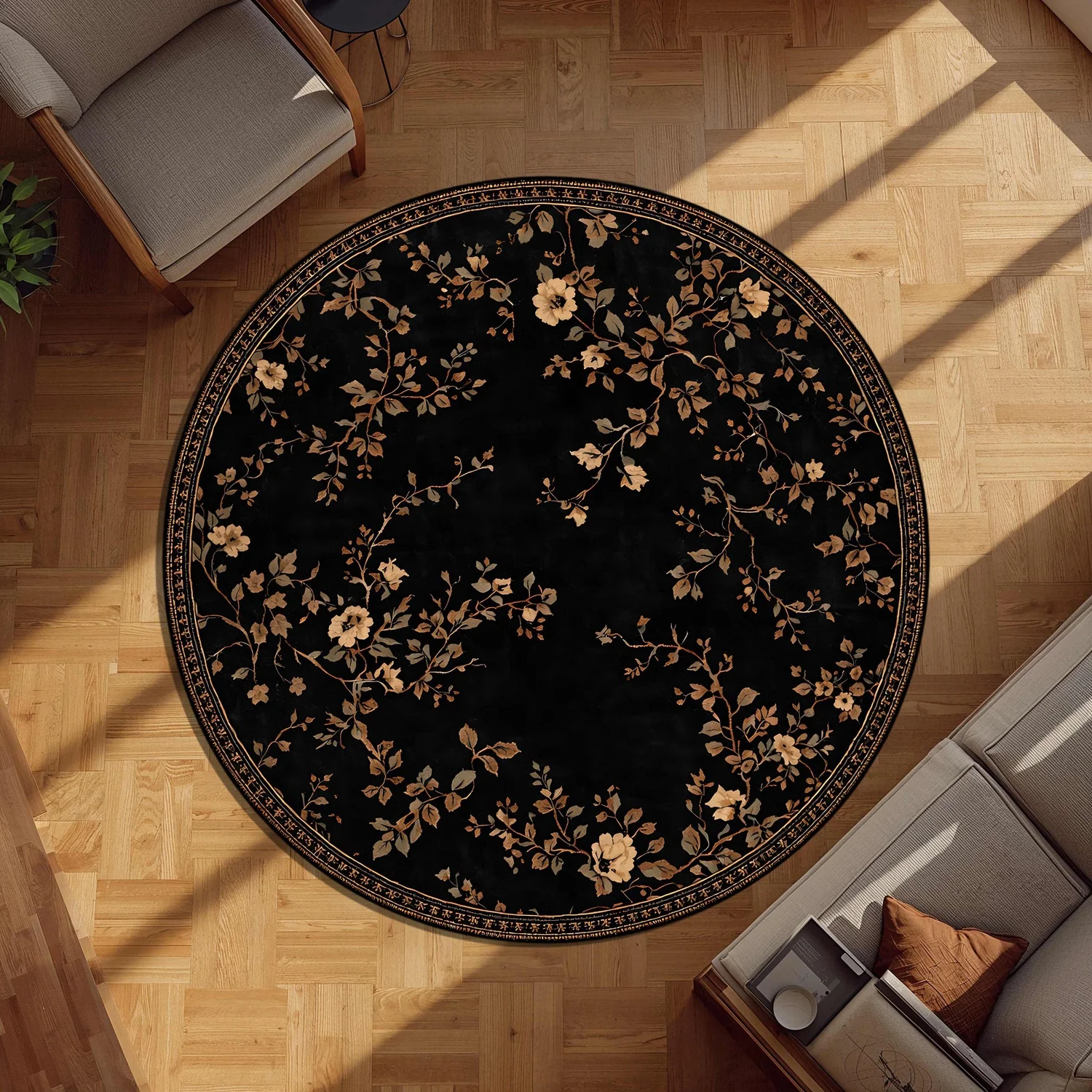 Round Black Floral Carpet, Vintage Dark Plant-Themed Round Carpet, Golden Beige Pastoral Style Carpet, Elegant Dark Home Decor, Living Room Gift