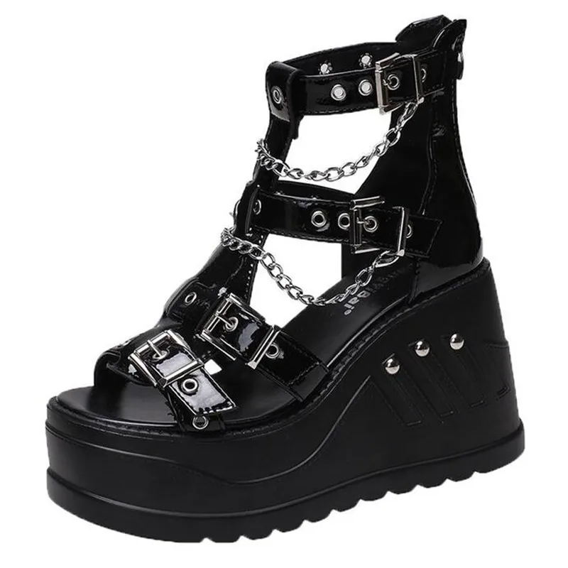 Women Luxury Wedges Sandals High Heel Gothic Punk Comfy Walking Back Zip Chains Fashionable Summer Platform Sandals Ladies Shoes