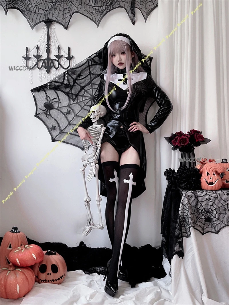 Dark Gothic Vampire Nun Cosplay Robe Cross Decor Halloween Costume Oversized Retro Religious Style Stage Performance Wear