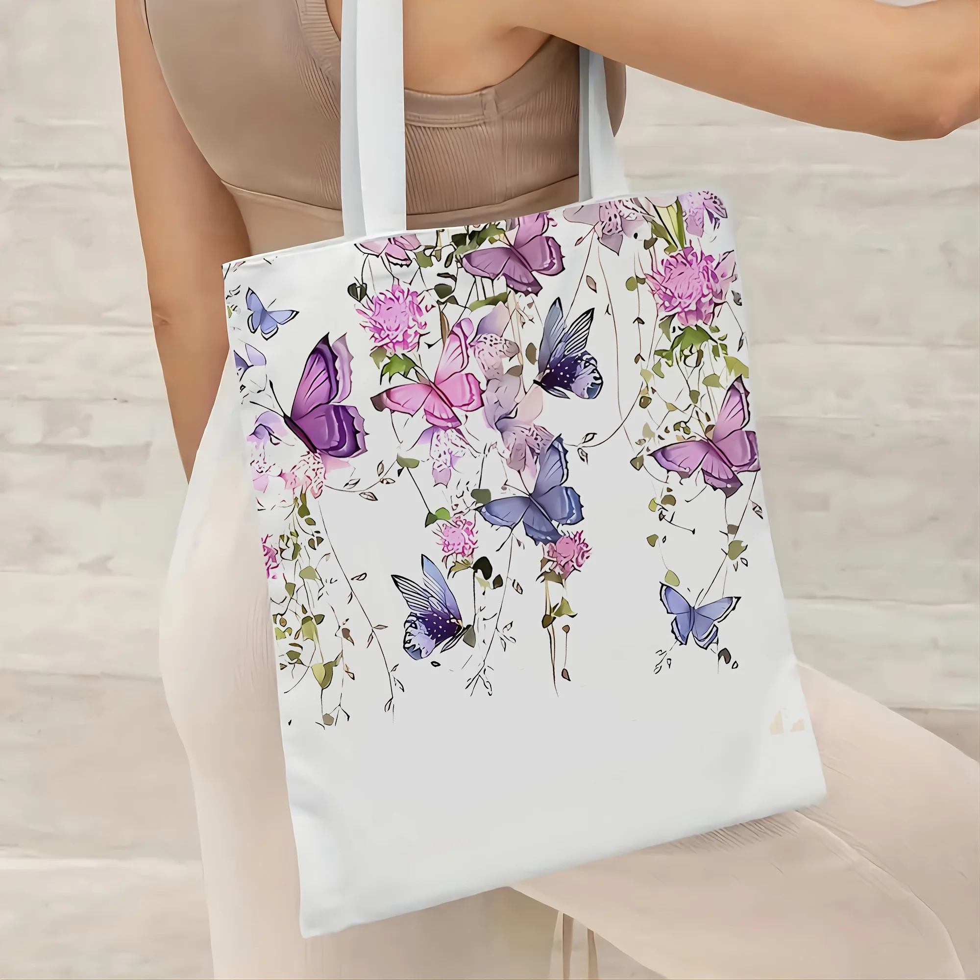 1pc Women'S Tote Bag with Butterfly and Flower Design - Lightweight, Foldable, Durable Shopping Bag for Libraries, Schools