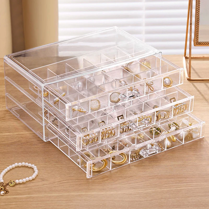

1 Pack 3 Layer 72 Grid Large Capacity Ring Earring Necklace Jewelry Storage Box Desktop Drawer Organizer Dust-proof Storage Box