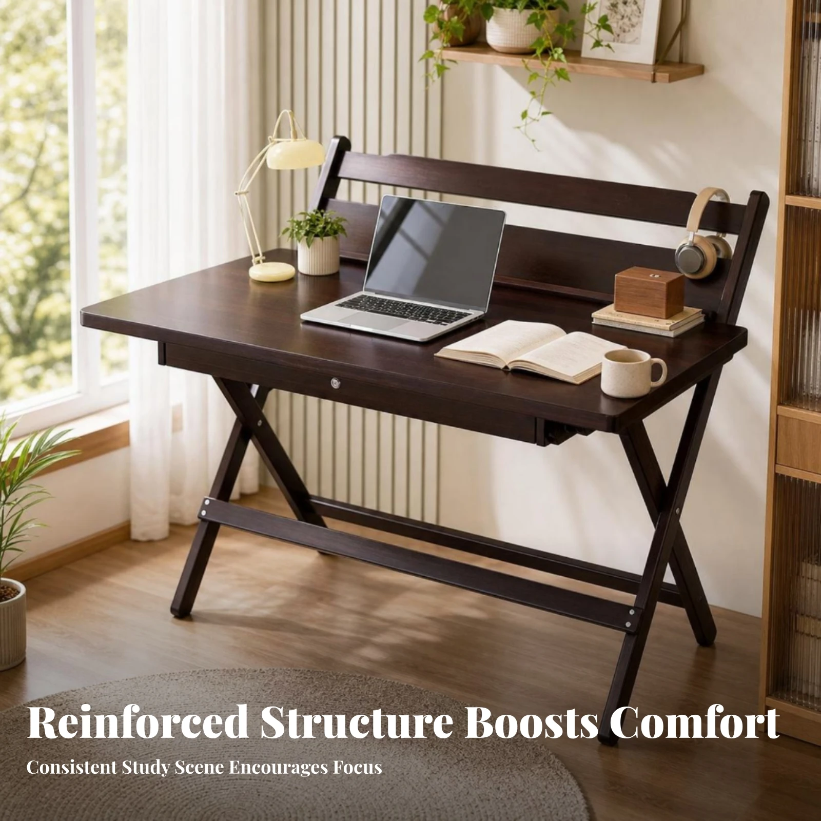 Folding Desk with Drawer Compact Adjustable Height Desk with Book Ledge Study Table Portable Furniture Foldable for Students