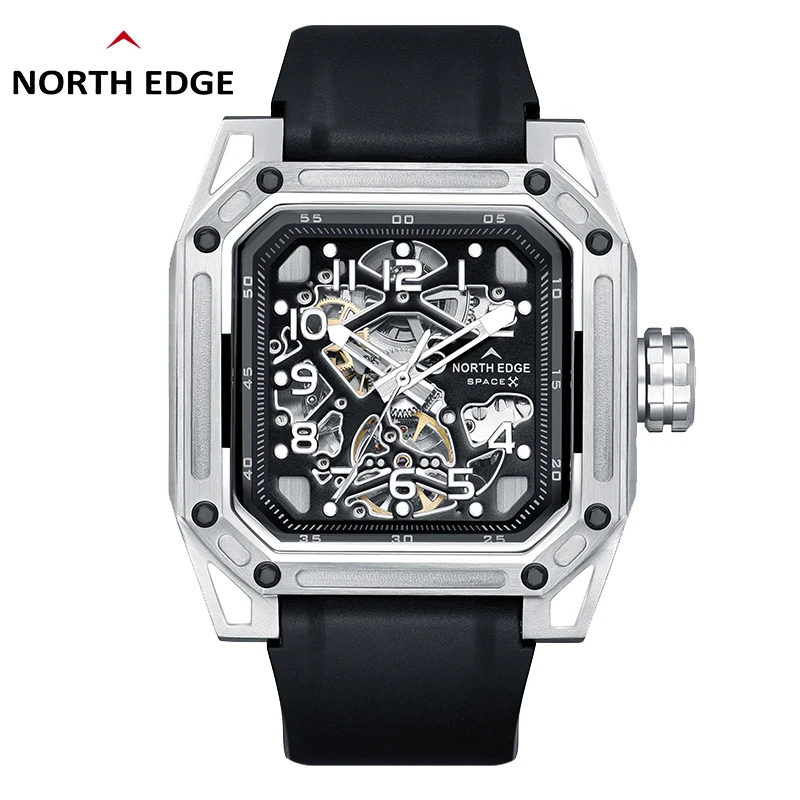 NORTH EDGE-relojes mecánicos para negocios ST2551 para hombre, reloj automático de lujo, esqueleto de acero inoxidable, 10bar, resistente al agua,