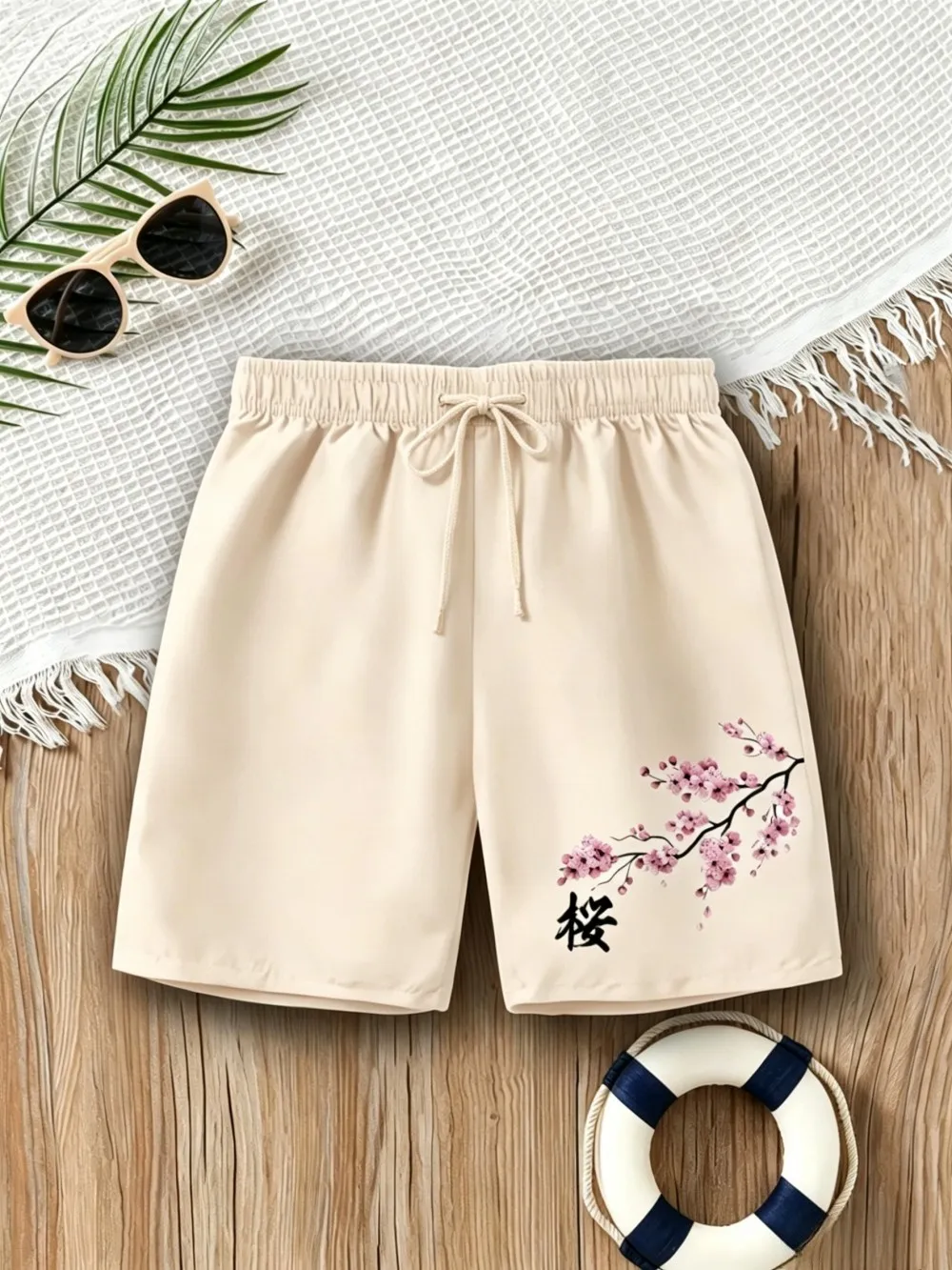 Amerikanische Herren-Sommer-Shorts mit personalisiertem Buchstaben- und Kirschblüten-Print, bequem, atmungsaktiv, mit Kordelzug, für Outdoor und Freizeit – Detail 11