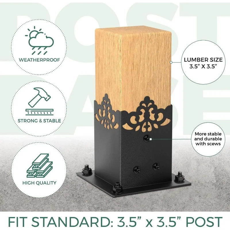 Creative Design 4x4 Post Base, Bolt Down Post Base Wood Post Ground Anchor, Fit 3.5''x3.5'' Square Wood   (Black - Set 6)