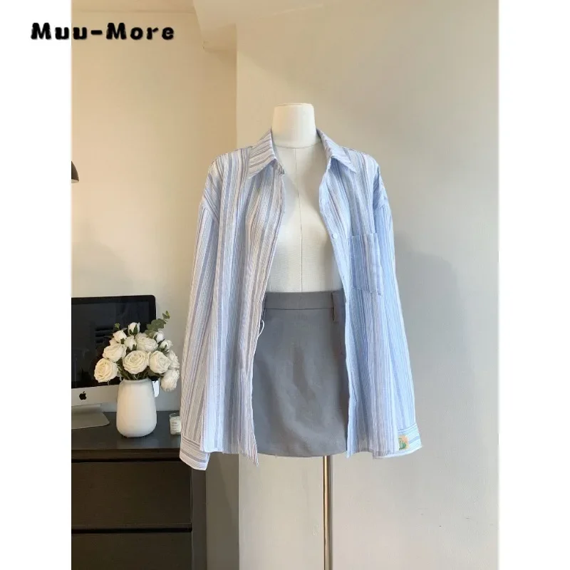 Female Korean Style Striped Loose Long Sleeve Single Breasted Shirt 2023 Winter Women's Casual Turn-Down Collar Baggy Blouse Top