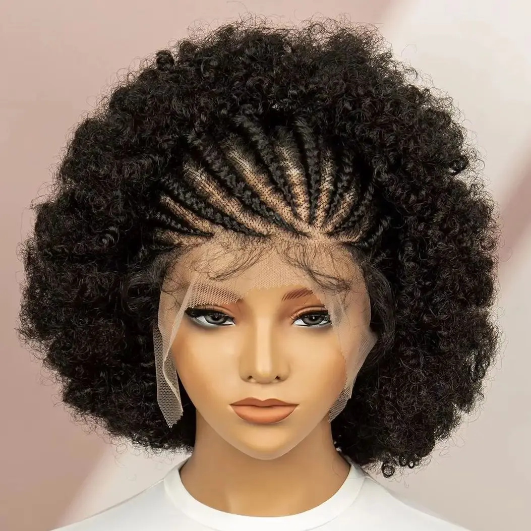 

Плетеные афро парики Кудрявый вьющийся полный парик шнурка Синтетический пышный парик с детскими волосами Половина косички Плетеный парик Боб для женщин