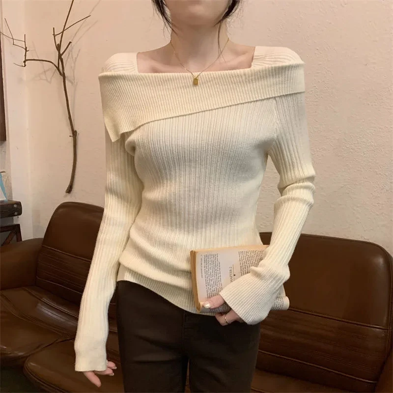 Elegant Slim Fit Jumper Women Spring Autumn Korean Slash Neck Gray Knitted Sweater Woman Fashion Long Sleeve Pullover Knitwear