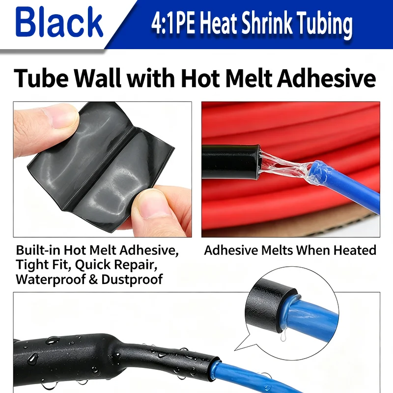 4:1 Double Wall Adhesive Heat Shrink Tubing Black Polyolefin Glue Lined Tube 4-52mm Waterproof Wire Cable Protective Sleeve