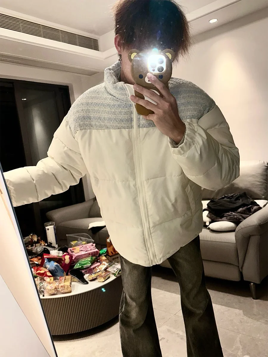 

Белая хлопковая куртка в стиле пэчворк для мужчин, зимняя теплая утепленная куртка с воротником-стойкой, молодежная повседневная модная верхняя одежда