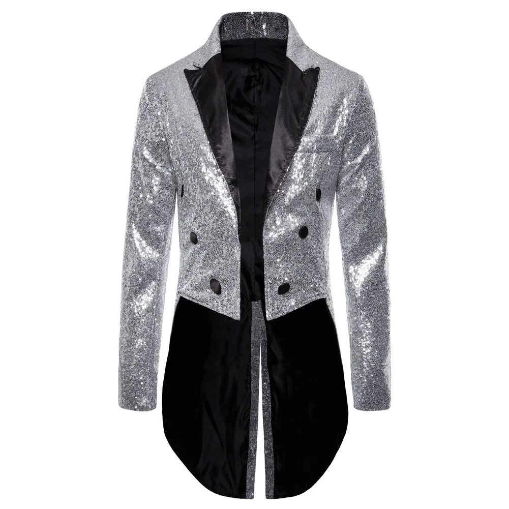 Shiny Gold Sequins Glitter Tailcoat Suit Jacket Male Double Breasted Wedding Groom Tuxedo Blazer Men Party Stage Prom Costume 3 Shiny Gold Sequins Glitter Tailcoat Suit Jacket Male Double Breasted Wedding Groom Tuxedo Blazer Men Party Stage Prom Costume 3