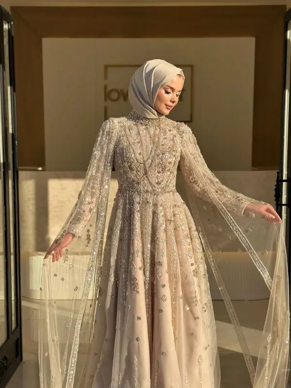 FATAPAESE Customized Saudi Evening Dresses High-neck All Cover Cape Sleeve Crystal Beaded Luxury A-line Maxi wns Formal Occasion