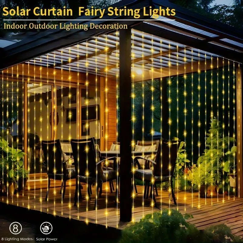 1 Pack 600/300/200/100LED Solar Curtain String Lights Outdoor 8 Lighting Modes Curtain Fairy Lights For Wedding Party Decoration