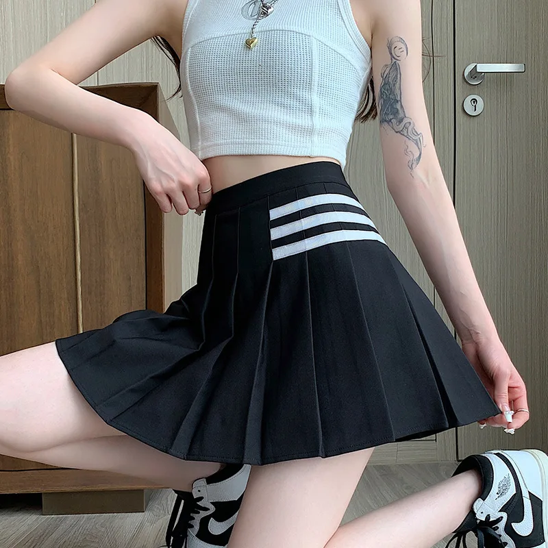 Black A-Line High Waist Pleated  Skirt Striped Women's Spring Summer Fashion Commute Style Short Skirt