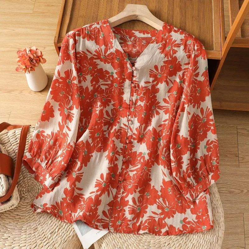 

Женские блузки в китайском стиле, винтажные рубашки с принтом, модная свободная летняя одежда, хлопковые льняные женские топы с короткими рукавами
