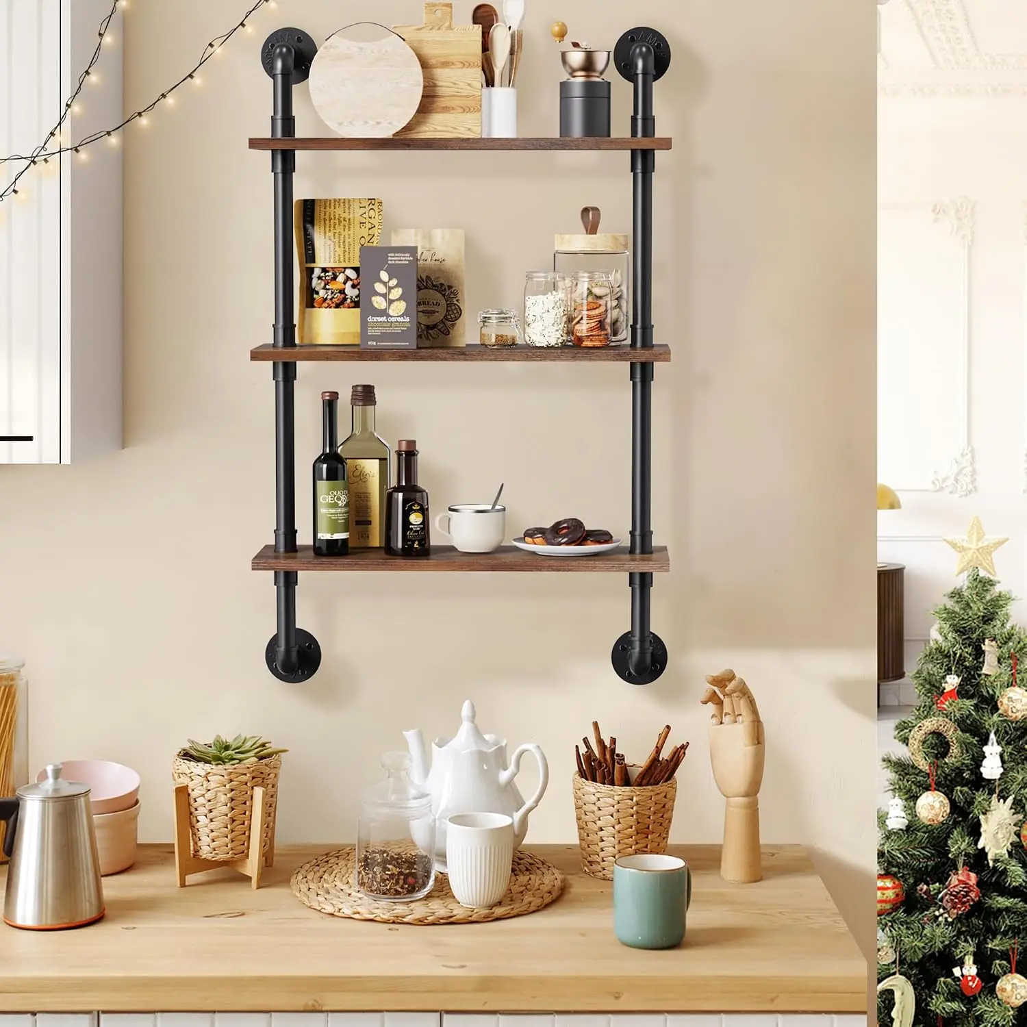 Merapi 3 Tier Rustic Floating Shelves Industrial Pipe Floating Shelf