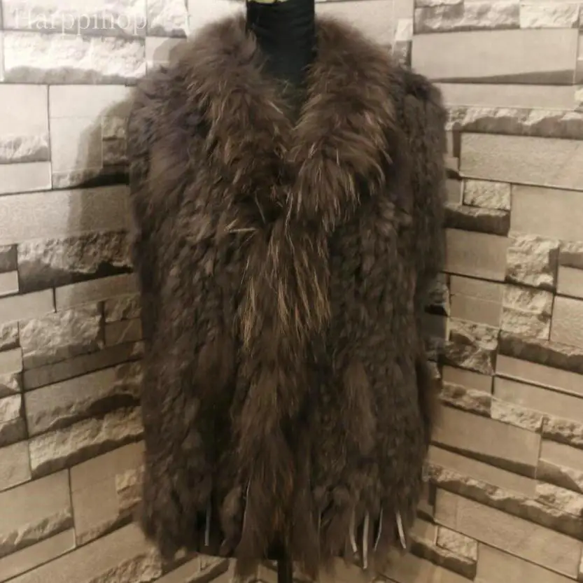 New Real ladies Genuine Knitted Rabbit Fur Vest With Raccoon Fur Trimming Waistcoat Winter Fur Jacket harppihop fur