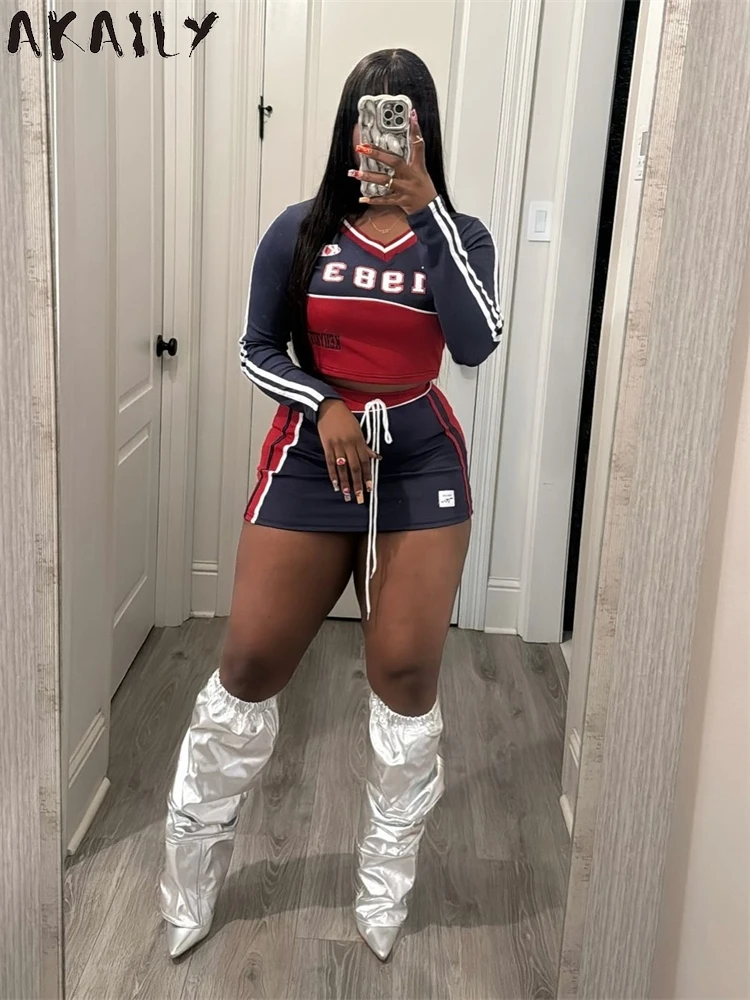 Akaily Winter Women\'s Varsity Skirt Set Club Party Outfits 2024 Digit Pattern Long Sleeve T-shirts+Drawstring Mini Bodycon Skirt
