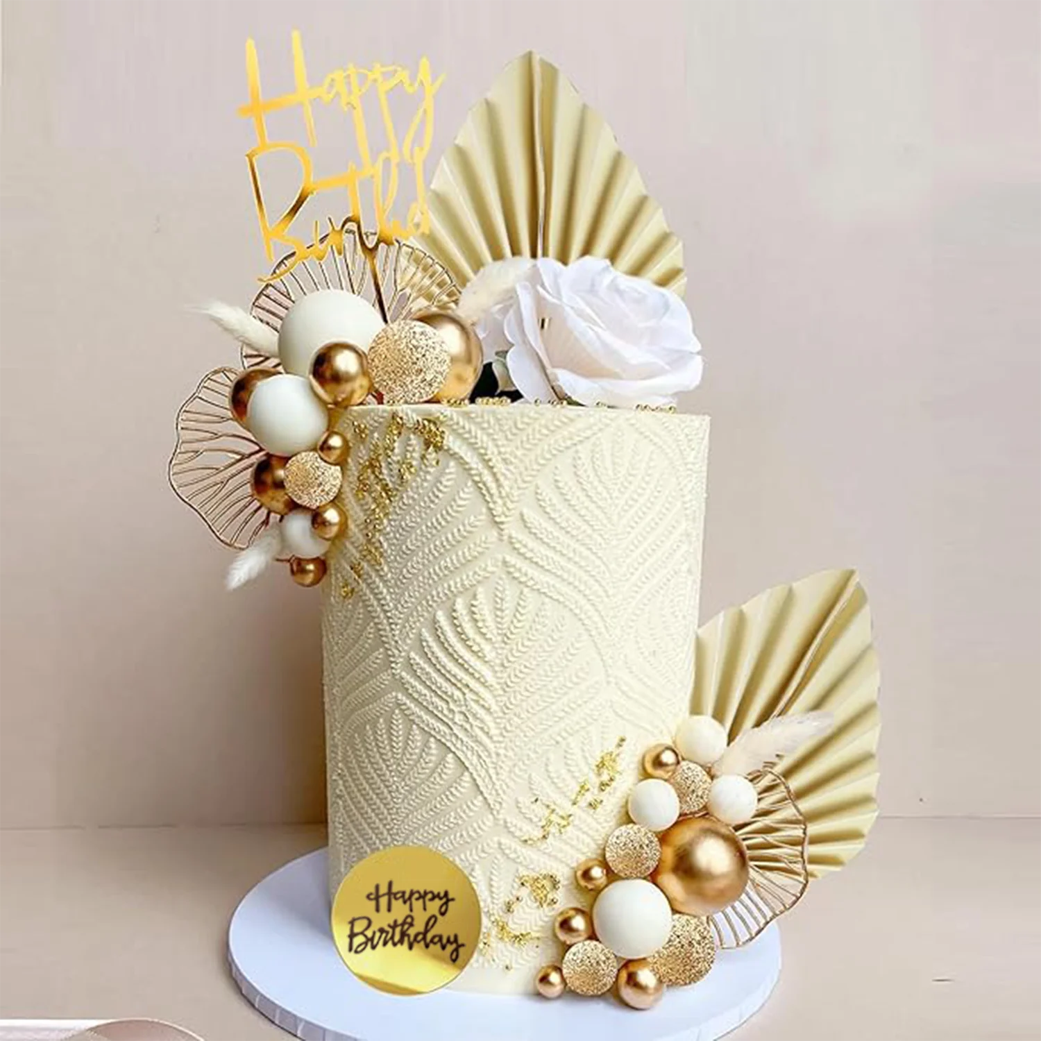 White Gold Balls Cake Toppers Balls Birthday Cake Decorations for Birthday Boho Wedding Baby Shower Party Supplies (White Gold)