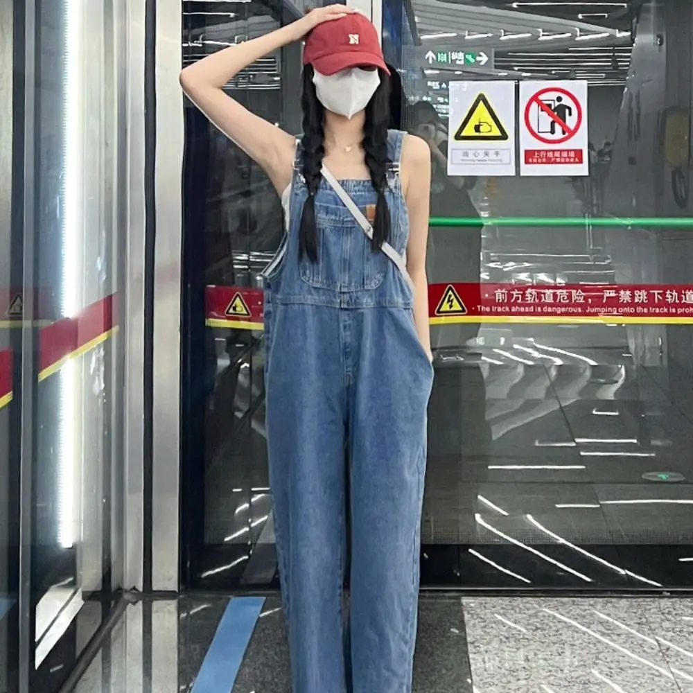 Monos vaqueros de estilo coreano con correa de mezclilla de tinta, pantalones vaqueros de pierna ancha rectos de cintura alta, pantalones vaqueros informales sueltos grandes para mujer