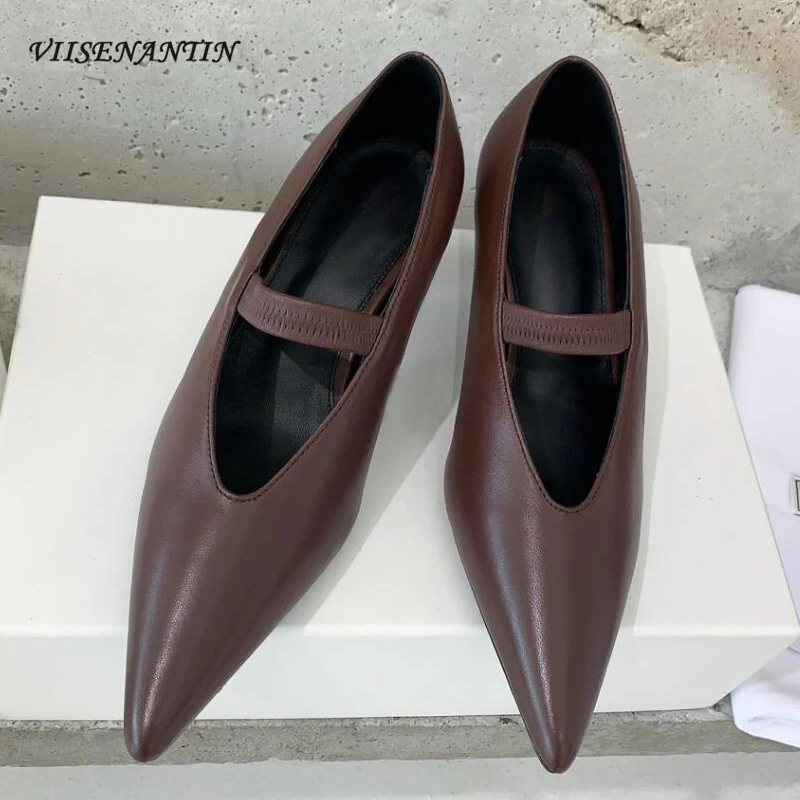 

Newest Mary Janes Shoes Women Pointed Toe Shallow Elastic Band Office Lady Shoes Genuine Leather Middle Heel Modern Pumps Women