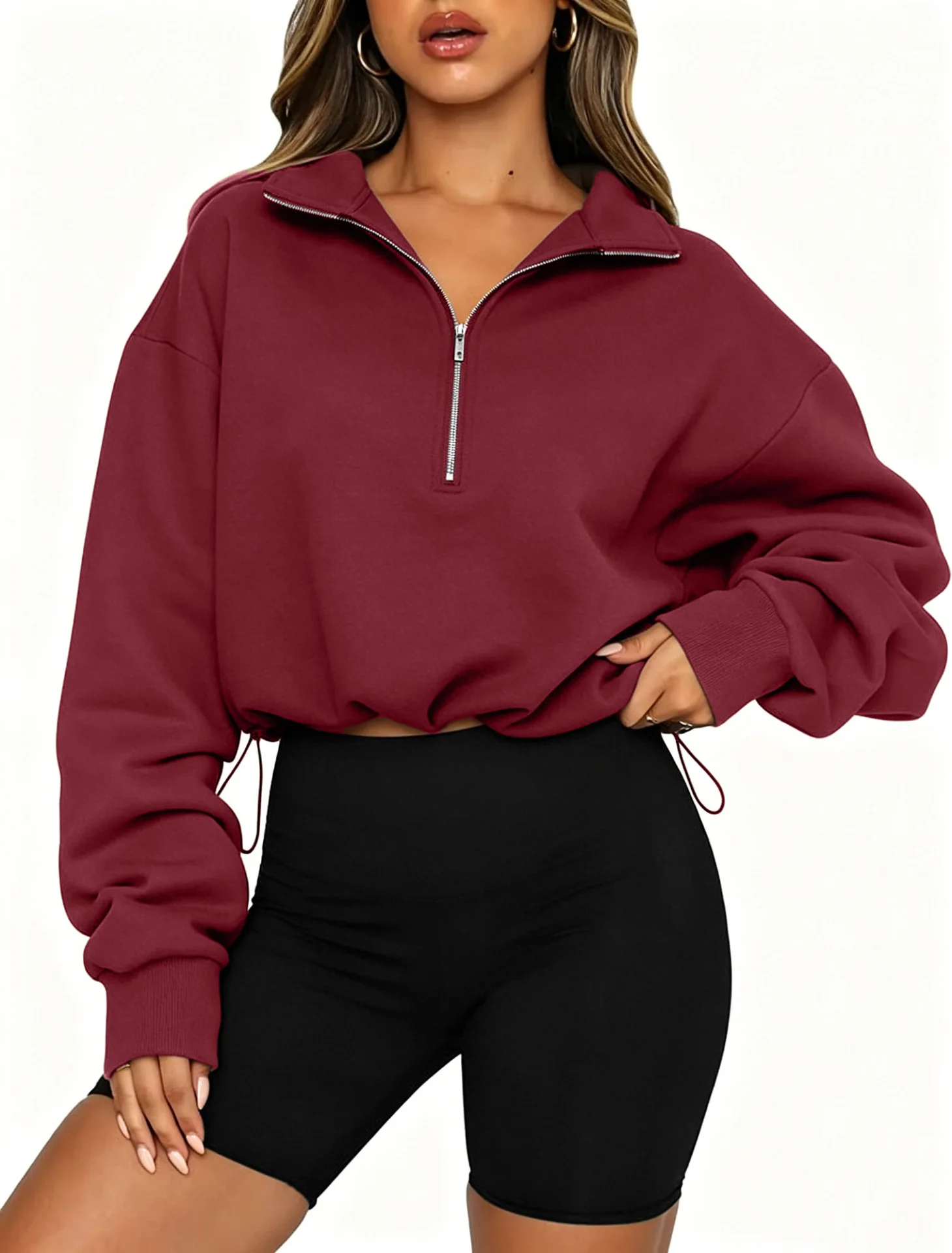 Women Half Zip Sweatshirt Cropped Pullover Oversized Long Sleeve Drawstring Hem Hoodie Y2K Athletic Sportswear