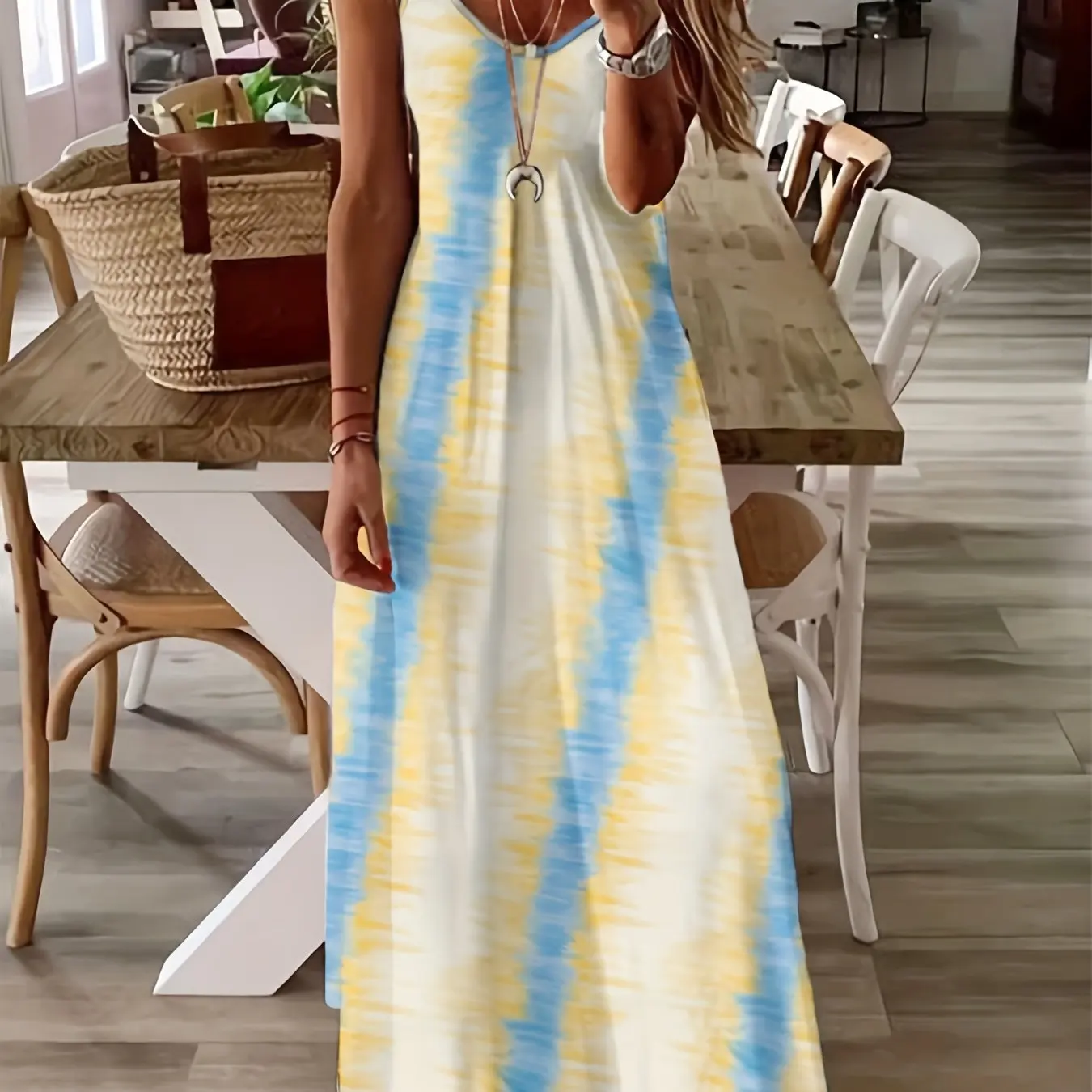 

Summer Fresh Suspender Dress 2024 Casual Color Gradient Print Sexy And Comfortable Beach Vacation Style Mid-calf Long Skirt