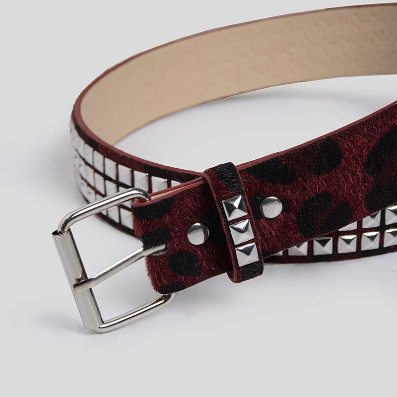 Trendiger Pferdehaar-Gürtel mit Nieten und Leopardenmuster für Damen, Koreanischer Stil, Raffinierter und Kühner Leopardenmuster-Kunstfellgürtel – Detail 4