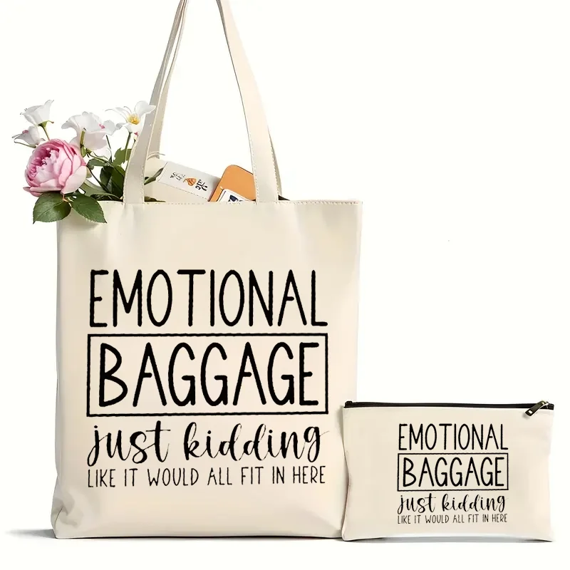 2Pcs I'm Fine, Everything Is Fine Funny Quote Canvas Bag, Lightweight Shoulder Bag, Minimalist Style, Handbag For Shopping