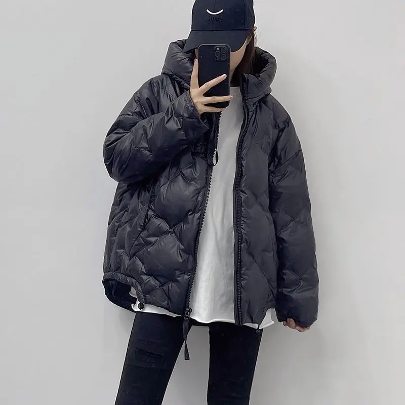 Short Down Jacket New Winter Hooded White Duck Down Diamond Check Thickened Puffer Jacket Fashion Loose Casual Warm Winter Coat