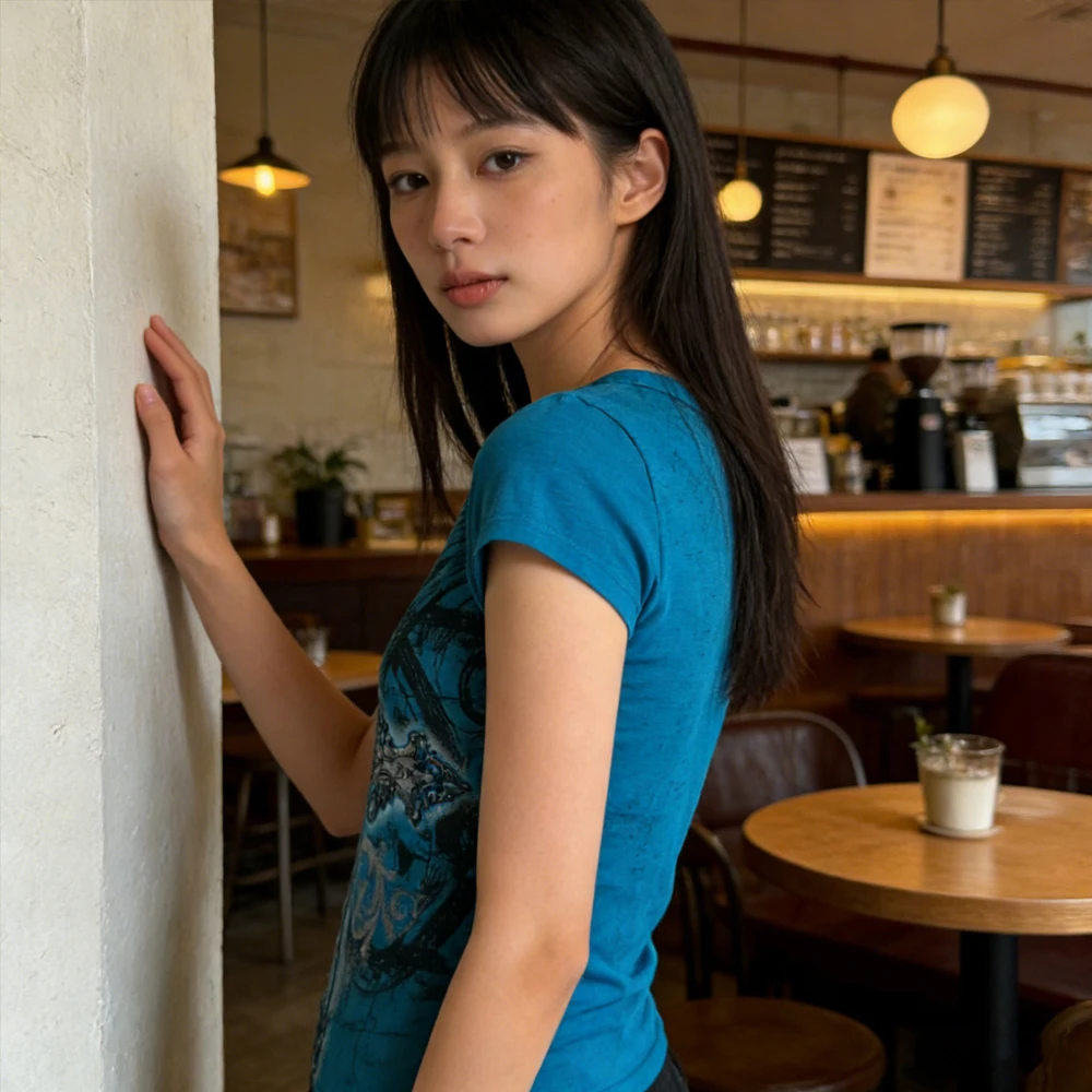 Estetica Harajuku Stampa grafica Manica corta Top Moda Retro T-shirt Vintage Grunge Streetwear Estate Tempo libero Blu Tee 2000s