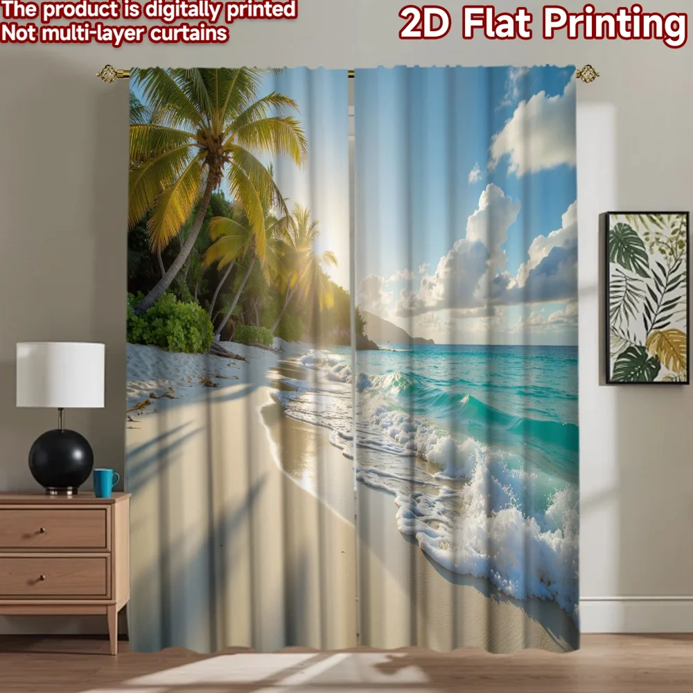2D flat 2pcs Curtain Modern Minimalist Style Sunny Tropical Beach Waves Digitally printed polyester, colorfast Party Decorations