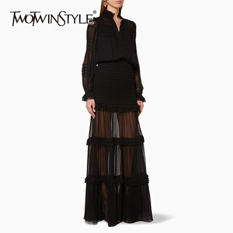 

TWOTWINSTYLE Elegant Spliced Folds Dress For Women V Neck Long Sleeve High Waist Patchwork Mesh Formal Dresses Female SDR066132