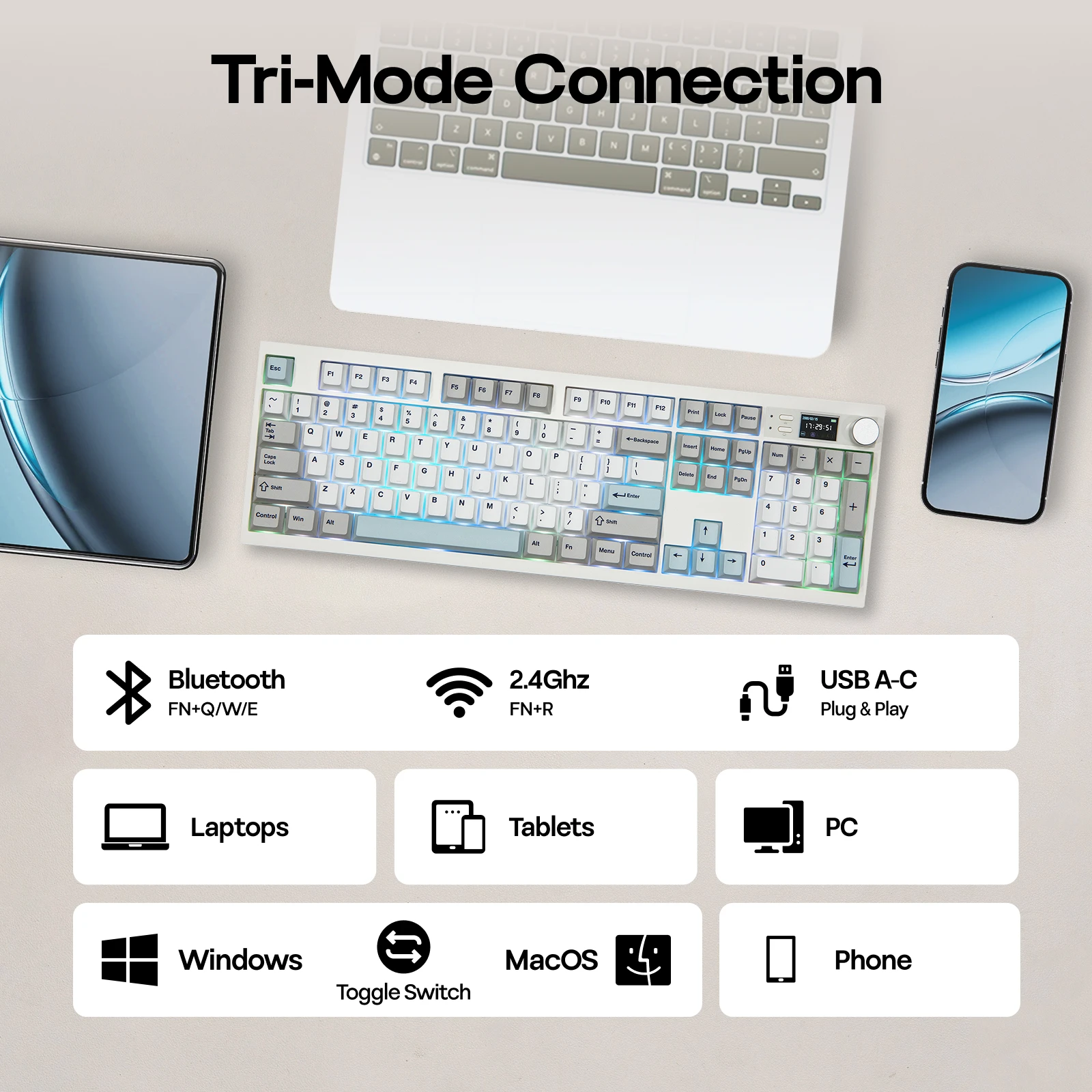 

EPOMAKER QK108 100% Full-Sized Layout Wired/BT/2.4Ghz Wireless Mechanical Keyboard with QMK/VIA Custom & RGB Backlights