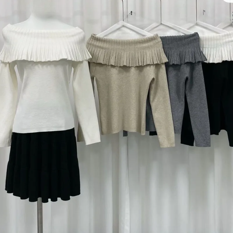 Slash Neck Ruffles Women Sweaters Solid Autumn Winter Elegant Short Pullovers Korean Fashion Chic Retro Pull Femme