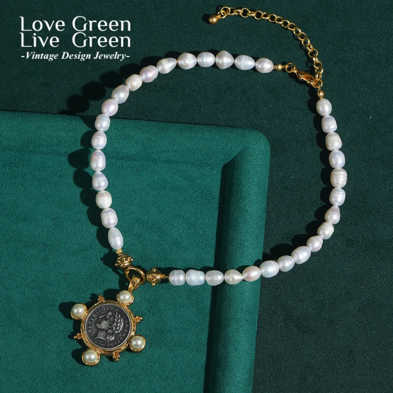 

Винтажное антикварное красивое портретное монетное ожерелье с жемчугом, ювелирные изделия, пресноводное женское колье, золотой цвет, аксессуары в стиле ретро