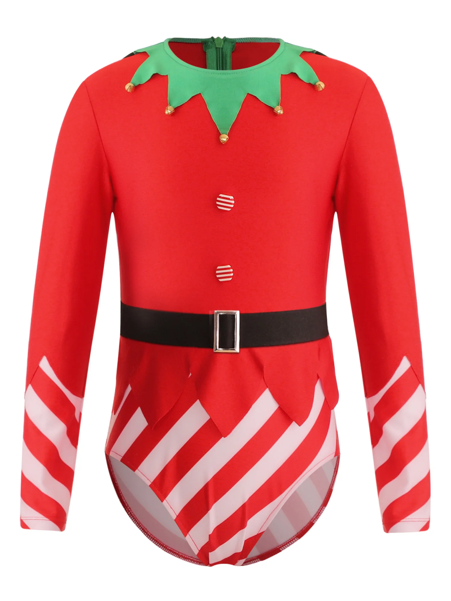 Kids Girls Christmas Elf Santa Costume Long Sleeve Stripes Gymnastic Leotard Ballet Dance Jumpsuit Xmas New Year Party Dancewear