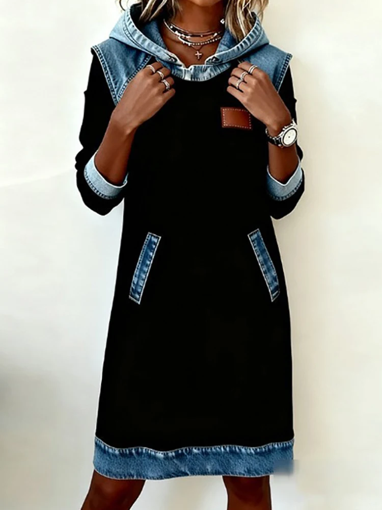 Elegante patchwork vakantiejurk met lange mouwen, dames herfst winter v-hals chique feestjurk, 2025, losse eenvoudige casual damesjurk