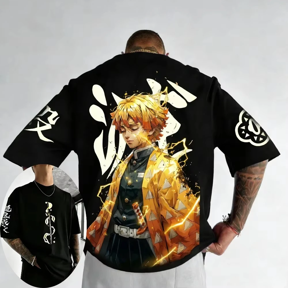 Demon Slayer Agatsuma Zenitsu Unisex Pure Cotton T-shirt for Summer 2026 Anime Print Round Neck Loose Family Short Sleeved Top