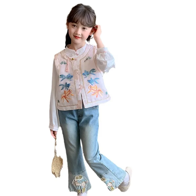 Girls' Chinese style suit 2025 spring new children's new Chinese coat children's Spring and autumn foreign style three-piece set