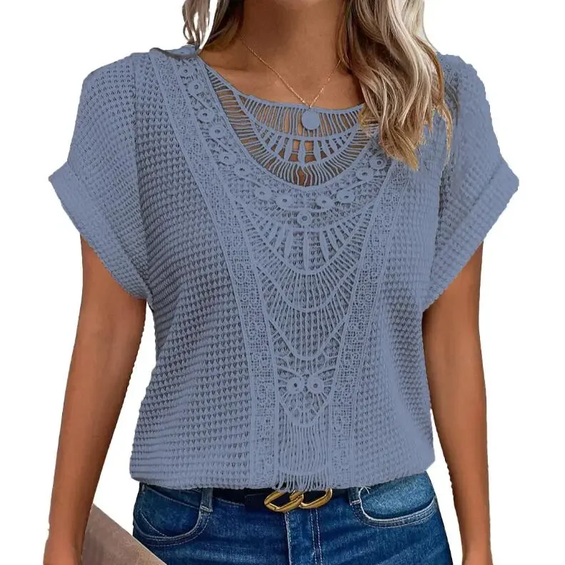 Fashion Lace Stitching T-shirt For Women's Tops Summer Casual Round Neck Office Ladies Clothes Short-sleeved Loose Tees Women