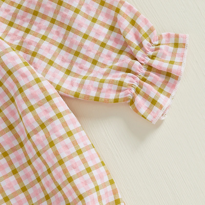 Infant Baby Girl Thanksgiving Romper Plaid Turkey Embroidery Long Puff Sleeve Smocked Romper Cotton Linen Bodysuit